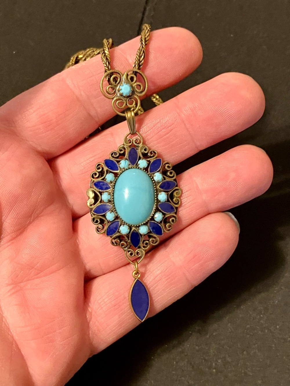 VTG Art Deco Filigree Brass Blue Enamel & Glass Pendant Necklace  Neiger ? - Picture 2 of 4